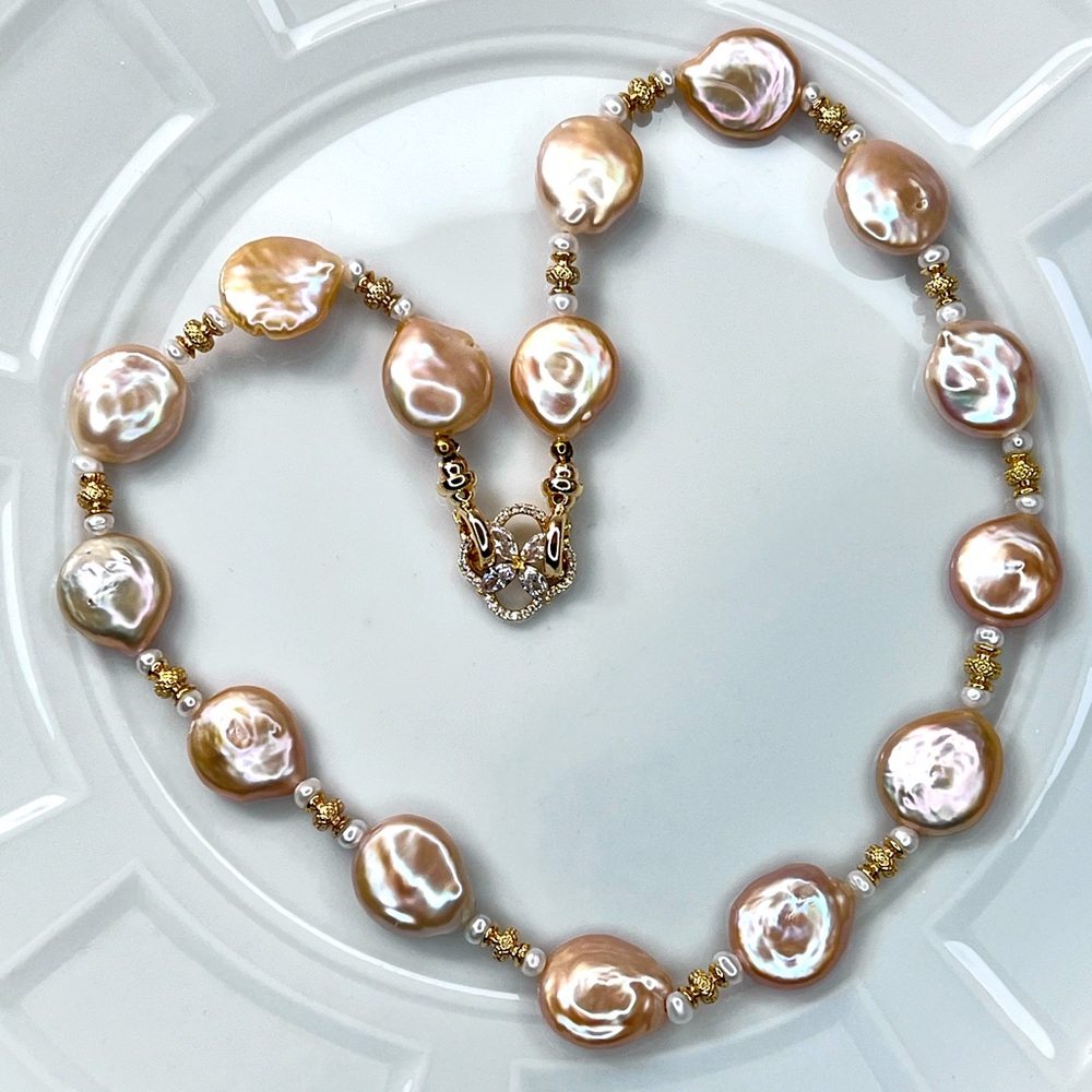 🤩 Handmade Freshwater Champagne Coin Pearl Classic Clover 🍀 Extender Necklace